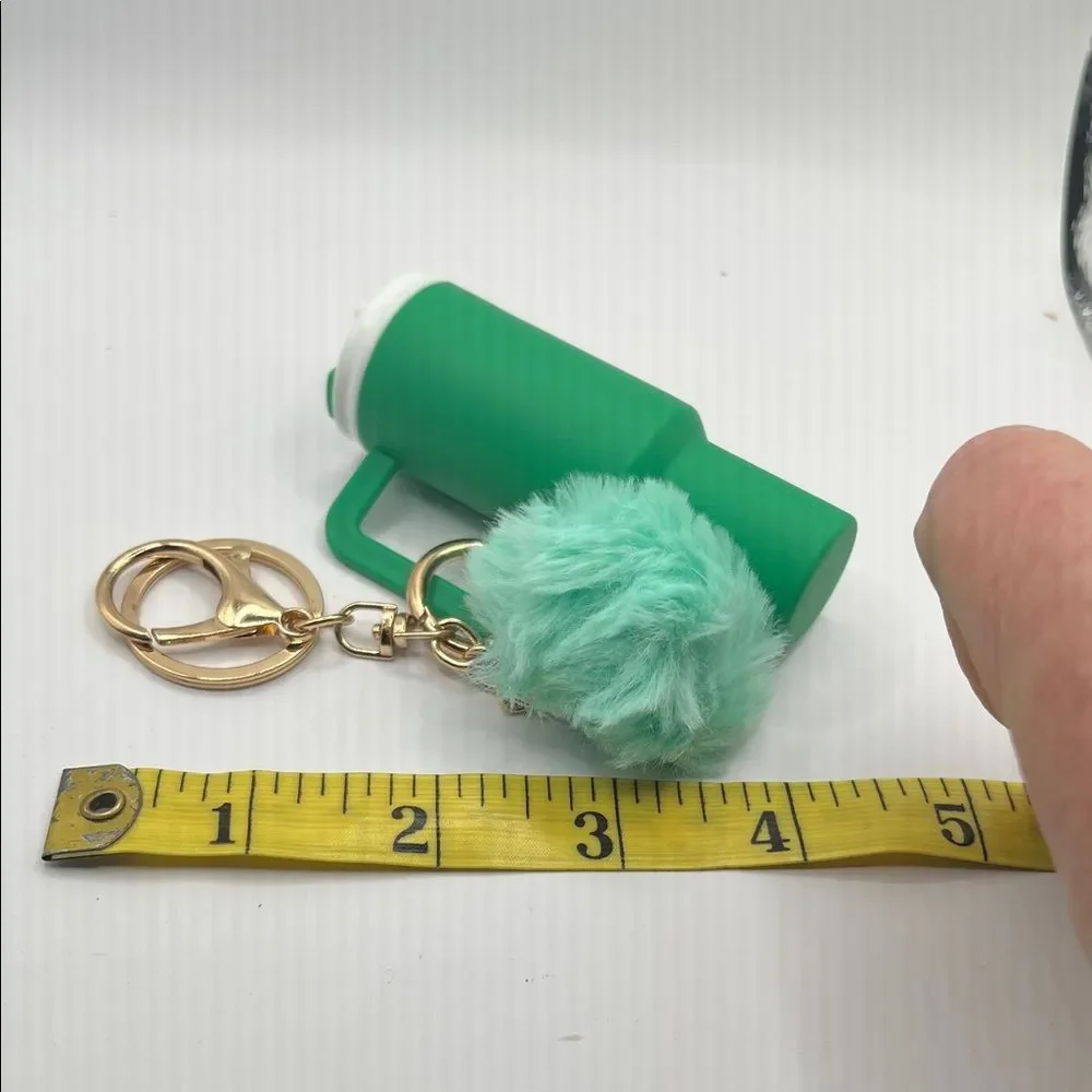Green Mini Tumbler Keychain Purse Charm with a Pom Pom Charm